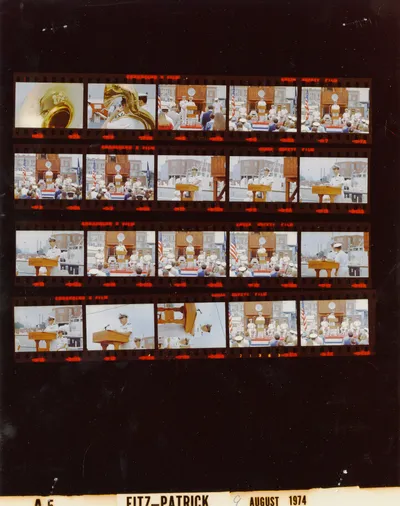 Change of command of USS Sequoia at the Navy Yard, 9 August 1974. Contact sheet of White House roll A0005, photographed by Fitz-Patrick. Frames: 3-22.