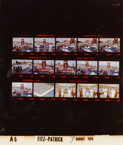 Change of command of USS Sequoia at the Navy Yard, 9 August 1974. Contact sheet of White House roll A0006, photographed by Fitz-Patrick. Frames: 3A-13A, 14A, 15A-17A.