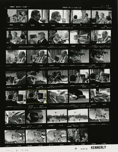 Dinner and Cabinet meeting aboard USS Sequoia, 7 May 1975. Contact sheet of White House roll A4412, photographed by Kennerly. Frames: 28A-29A, 30A-33A, 34A. Other frames on the roll show other subjects photographed that day.