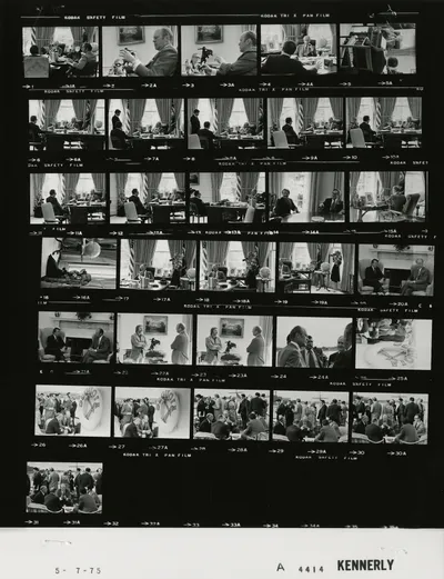 Dinner and Cabinet meeting aboard USS Sequoia, 7 May 1975. Contact sheet of White House roll A4414, photographed by Kennerly. Frames: 24A-31A. Other frames on the roll show other subjects photographed that day.