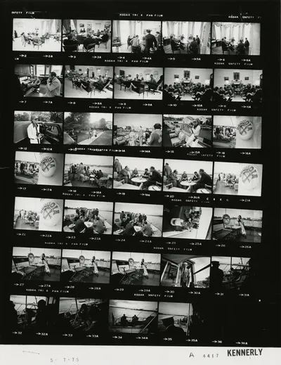 Dinner and Cabinet meeting aboard USS Sequoia, 7 May 1975. Contact sheet of White House roll A4417, photographed by Kennerly. Frames: 14A, 15A, 16A-25A, 26A-29A, 30A-35A. Other frames on the roll show other subjects photographed that day.