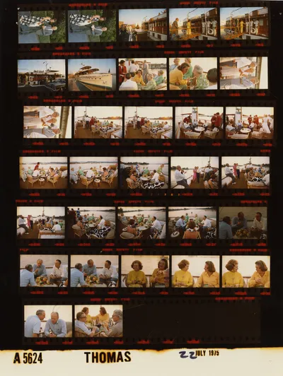 Cruise and dinner aboard USS Sequoia for bipartisan congressional leaders and their spouses, 22 July 1975. Contact sheet of White House roll A5624, photographed by Thomas. Frames: 4-5, 6-9, 10, 11-12, 13-14, 15-24, 25-27, 28-30, 31-33, 34, 35.