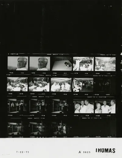 Cruise and dinner aboard USS Sequoia for bipartisan congressional leaders and their spouses, 22 July 1975. Contact sheet of White House roll A5625, photographed by Thomas. Frames: 20-22, 5-6, 7, 8-12, 13, 14-17, 18-19.