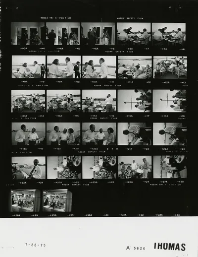 Cruise and dinner aboard USS Sequoia for bipartisan congressional leaders and their spouses, 22 July 1975. Contact sheet of White House roll A5626, photographed by Thomas. Frames: 6A-7A, 8A-10A, 11A-15A, 16A-17A, 18A-20A, 21A-23A, 24A-26A, 27A, 28A-29A. Other frames on the roll show other subjects photographed that day.