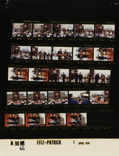 USS Sequoia change of command ceremony, 2 April 1976. Contact sheet of White House roll A9066, photographed by Fitz-Patrick. Frames: 2-25.