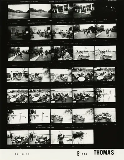 Working dinner cruise aboard USS Sequoia with Prime Minister Pierre Trudeau of Canada, 16 June 1976. Contact sheet of White House roll B0233, photographed by Thomas. Frames: 16A-17A, 18A, 19A-20A, 21A-24A, 25A-26A, 17A-29A, 30A-31A, 32A, 33A-34A, 35A-36A. Other frames on the roll show other subjects photographed that day.
