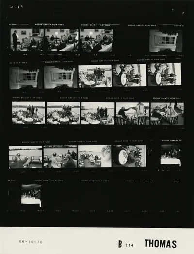 Working dinner cruise aboard USS Sequoia with Prime Minister Pierre Trudeau of Canada, 16 June 1976. Contact sheet of White House roll B0234, photographed by Thomas. Frames: 9-14, 15-16, 17-18, 19, 20, 21-22. Other frames on the roll show other subjects photographed that day.