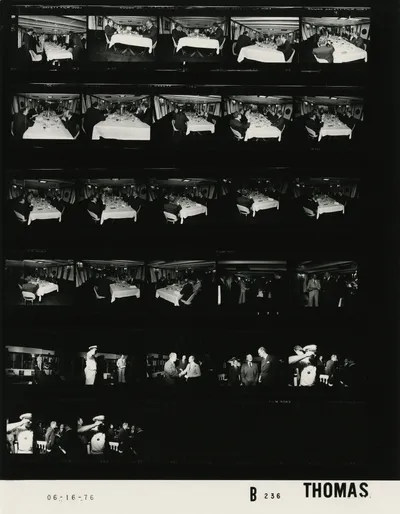 Working dinner cruise aboard USS Sequoia with Prime Minister Pierre Trudeau of Canada, 16 June 1976. Contact sheet of White House roll B0236, photographed by Thomas. Frames: 2A, 3A-19A, 20A, 21A, 22A, 23A, 24A, 25A, 26A-28A.