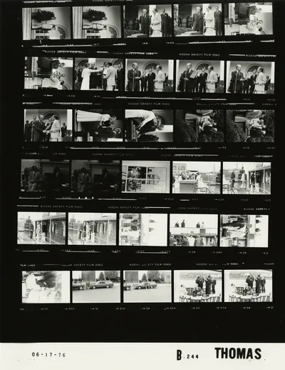 Working dinner cruise aboard USS Sequoia with Prime Minister Pierre Trudeau of Canada, 16 June 1976. Contact sheet of White House roll B0244, photographed by Thomas. Frames: 23, 24-26, 27-29, 30, 31-32, 33-34. Other frames on the roll show other subjects photographed that day.