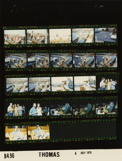 Susan Ford's nineteenth birthday cruise aboard the presidential yacht Sequoia, early July 1976. Contact sheet of White House roll B0496, photographed by Thomas. Frames: 3-14, 15-16, 17-22, 23-24.