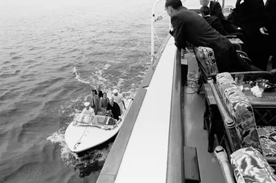 Small boat with crew and passengers alongside the Sequoia. Cruise with Foreign Ambassadors and others, 27 July 1966. The library's record names Walt Rostow among the passengers in the boat.