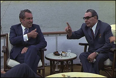 President Richard M. Nixon and Soviet leader Leonid Brezhnev aboard the USS Sequoia, 19 June 1973. Photograph by Oliver F. Atkins, White House Photo Office.