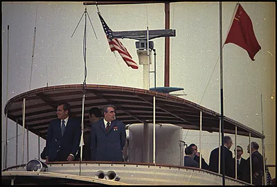 President Richard M. Nixon and Leonid Brezhnev aboard the presidential yacht Sequoia, 19 June 1973. Photograph by Jack Kightlinger, White House Photo Office.