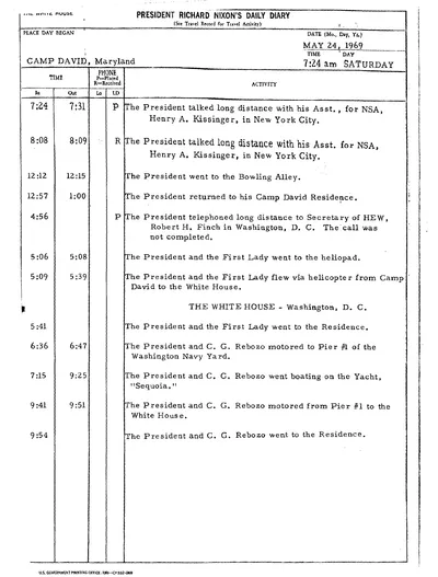 President Richard Nixon's Daily Diary for 24 May 1969: the page recording the President's cruise aboard the Sequoia from 7:15 to 9:25 in the evening. One page.