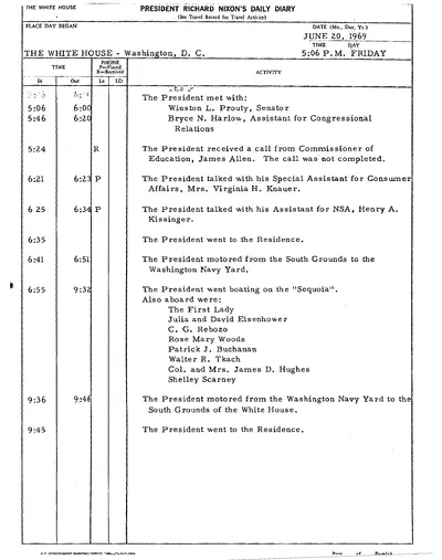 President Richard Nixon's Daily Diary for 20 June 1969: the page recording the President's cruise aboard the Sequoia from 6:55 to 9:32 in the evening. One page.