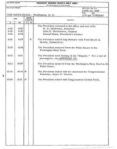 President Richard Nixon's Daily Diary for 24 June 1969: the page recording the President's cruise aboard the Sequoia from 6:42 to 9:51 in the evening; and Appendix D, the list of the nine aboard. Two pages.