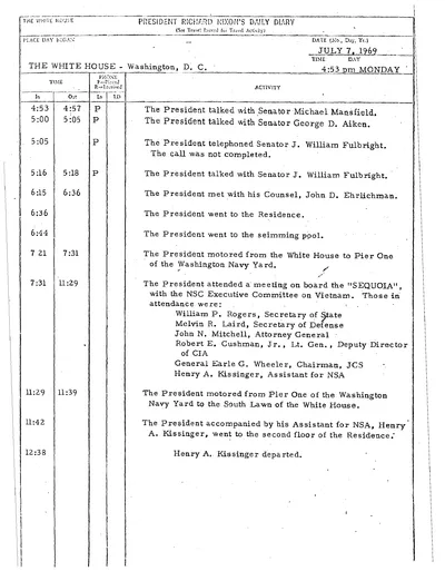 President Richard Nixon's Daily Diary for 7 July 1969: the page recording the President's meeting on board the Sequoia with the NSC Executive Committee on Vietnam, from 7:31 to 11:29 in the evening. One page.