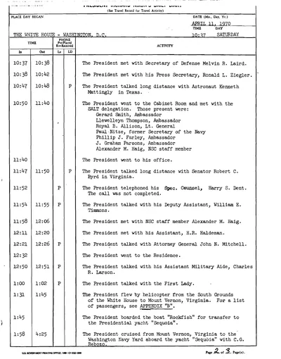 President Richard Nixon's Daily Diary for 11 April 1970: the pages recording the President's cruise aboard the Sequoia from 1:58 to 4:25 in the afternoon. Two pages.