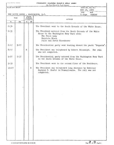 President Richard Nixon's Daily Diary for 10 May 1970: the page recording the President's cruise aboard the Sequoia from 6:47 to 9:27 in the evening. One page.
