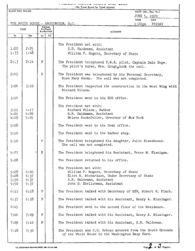 President Richard Nixon's Daily Diary for 5 June 1970: the pages recording the President's cruise aboard the Sequoia from 7:34 to 10:12 in the evening. Two pages.