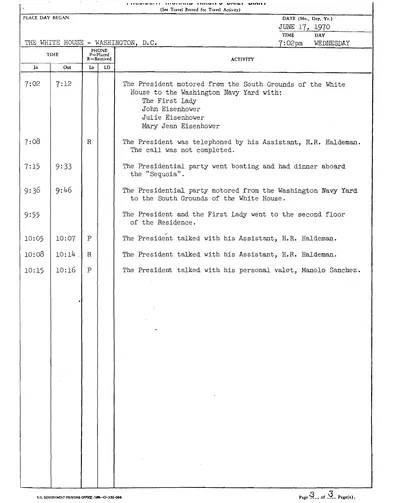President Richard Nixon's Daily Diary for 17 June 1970: the page recording the President's cruise and dinner aboard the Sequoia from 7:15 to 9:33 in the evening. One page.