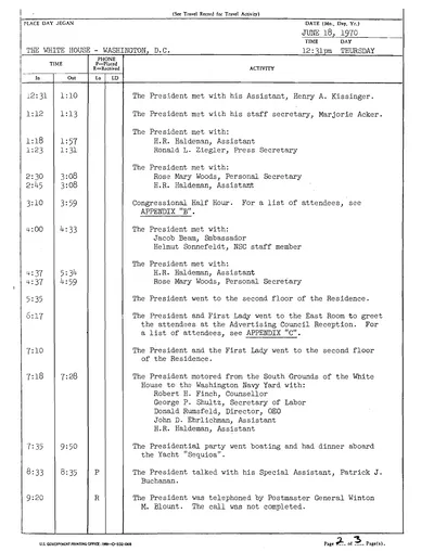 President Richard Nixon's Daily Diary for 18 June 1970: the pages recording the President's cruise and dinner aboard the Sequoia from 7:35 to 9:50 in the evening. Two pages.
