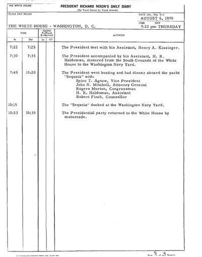 President Richard Nixon's Daily Diary for 6 August 1970: the page recording the President's cruise and dinner aboard the Sequoia from 7:45 to 10:20 in the evening. One page.