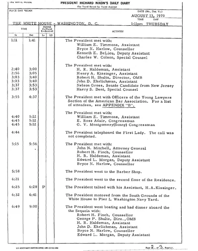 President Richard Nixon's Daily Diary for 13 August 1970: the pages recording the President's cruise and dinner aboard the Sequoia from 6:49 to 9:00 in the evening. Two pages.