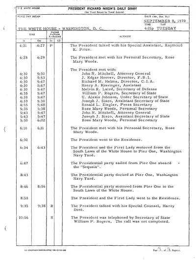 President Richard Nixon's Daily Diary for 8 September 1970: the page recording the President's cruise aboard the Sequoia from 6:47 to 8:43 in the evening. One page.