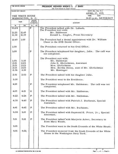 President Richard Nixon's Daily Diary for 17 April 1971: the pages recording the President's cruise and dinner aboard the Sequoia from 5:30 to 7:22 in the evening. Two pages.