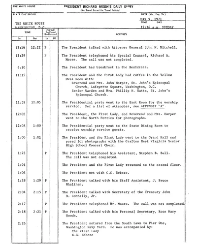 President Richard Nixon's Daily Diary for 9 May 1971: the pages recording the President's cruise aboard the Sequoia from 2:40 to 4:59 in the afternoon. Two pages.