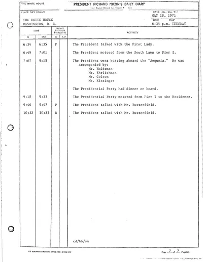 President Richard Nixon's Daily Diary for 18 May 1971: the page recording the President's cruise and dinner aboard the Sequoia from 7:07 to 9:15 in the evening. One page.