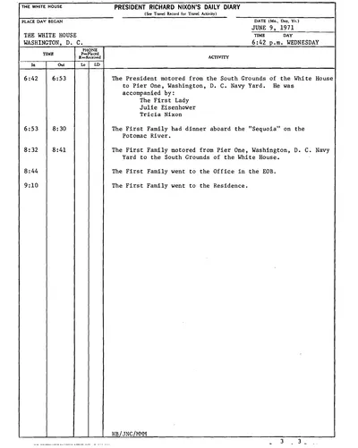 President Richard Nixon's Daily Diary for 9 June 1971: the page recording the President's cruise and dinner aboard the Sequoia from 6:53 to 8:30 in the evening. One page.