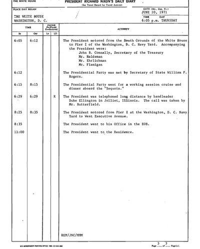 President Richard Nixon's Daily Diary for 10 June 1971: the page recording the President's cruise and dinner aboard the Sequoia from 6:15 to 8:15 in the evening. One page.