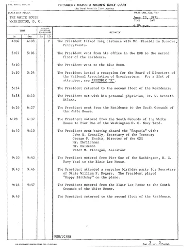 President Richard Nixon's Daily Diary for 23 June 1971: the page recording the President's cruise aboard the Sequoia from 6:40 to 9:10 in the evening. One page.