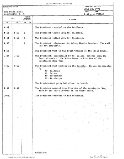 President Richard Nixon's Daily Diary for 23 July 1971: the page recording the President's cruise and dinner aboard the Sequoia from 7:17 to 8:40 in the evening. One page.
