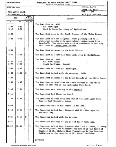 President Richard Nixon's Daily Diary for 18 April 1972: the page recording the President's cruise and dinner aboard the Sequoia from 5:48 to 7:51 in the evening. One page.