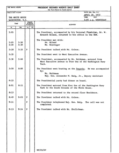 President Richard Nixon's Daily Diary for 19 April 1972: the page recording the President's cruise and dinner aboard the Sequoia from 5:50 to 8:00 in the evening. One page.