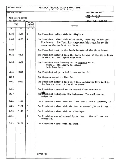 President Richard Nixon's Daily Diary for 2 May 1972: the page recording the President's cruise and dinner aboard the Sequoia from 6:35 to 8:58 in the evening. One page.