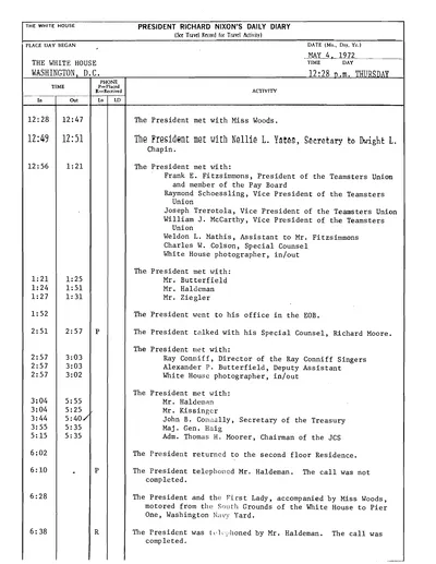President Richard Nixon's Daily Diary for 4 May 1972: the pages recording the President's cruise and dinner aboard the Sequoia from 6:40 to 8:43 in the evening. Two pages.
