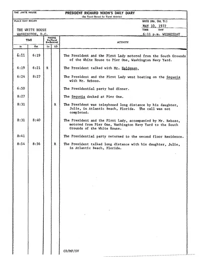 President Richard Nixon's Daily Diary for 10 May 1972: the page recording the President's cruise and dinner aboard the Sequoia from 6:24 to 8:27 in the evening. One page.