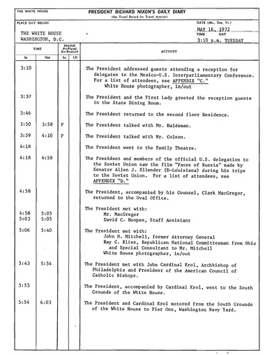 President Richard Nixon's Daily Diary for 16 May 1972: the pages recording the President's cruise and dinner aboard the Sequoia from 6:05 to 8:20 in the evening. Two pages.