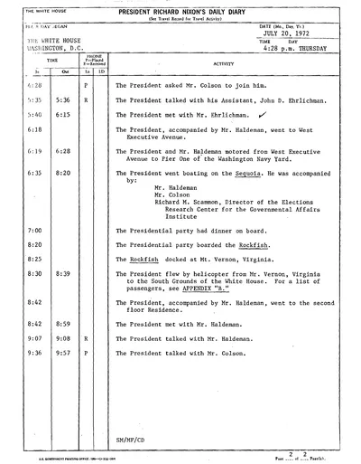 President Richard Nixon's Daily Diary for 20 July 1972: the page recording the President's cruise and dinner aboard the Sequoia from 6:35 to 8:20 in the evening. One page.