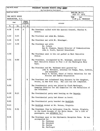President Richard Nixon's Daily Diary for 27 July 1972: the page recording the President's cruise and dinner aboard the Sequoia from 6:10 to 8:15 in the evening. One page.