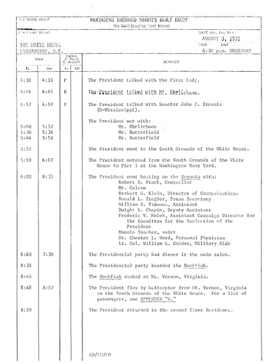 President Richard Nixon's Daily Diary for 3 August 1972: the page recording the President's cruise and dinner aboard the Sequoia from 6:08 to 8:35 in the evening. One page.