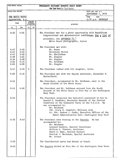 President Richard Nixon's Daily Diary for 7 September 1972: the pages recording the President's inspection of the hydrofoil presented to him by Leonid Brezhnev, and his cruise and dinner aboard the Sequoia from 6:32 to 8:43 in the evening. Two pages.