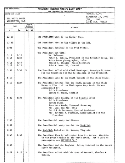 President Richard Nixon's Daily Diary for 15 September 1972: the page recording the President's cruise and dinner aboard the Sequoia from 6:32 to 8:38 in the evening. One page.