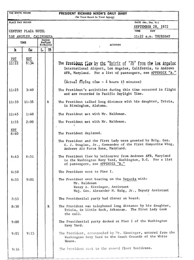President Richard Nixon's Daily Diary for 28 September 1972: the page recording the President's cruise and dinner aboard the Sequoia from 6:55 to 9:01 in the evening. One page.