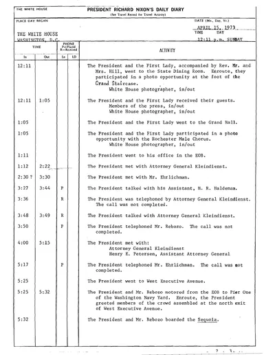 President Richard Nixon's Daily Diary for 15 April 1973: the pages recording the President's cruise aboard the Sequoia from 5:37 to 7:24 in the evening. Two pages.
