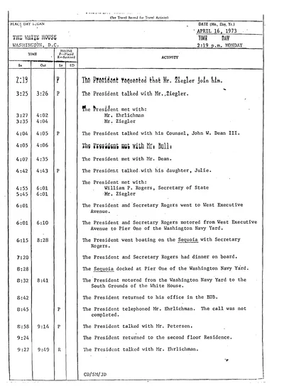 President Richard Nixon's Daily Diary for 16 April 1973: the page recording the President's cruise and dinner aboard the Sequoia from 6:15 to 8:28 in the evening. One page.